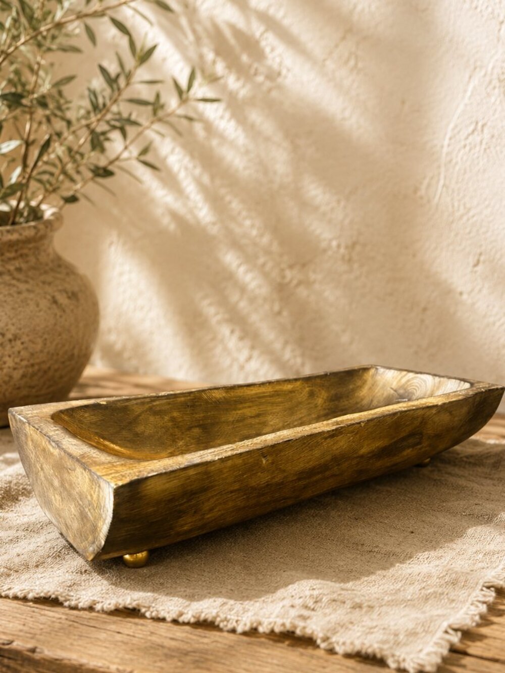 Primitive Rustic Hand Carved Wooden Dough Bowl Tray With Brass Legs